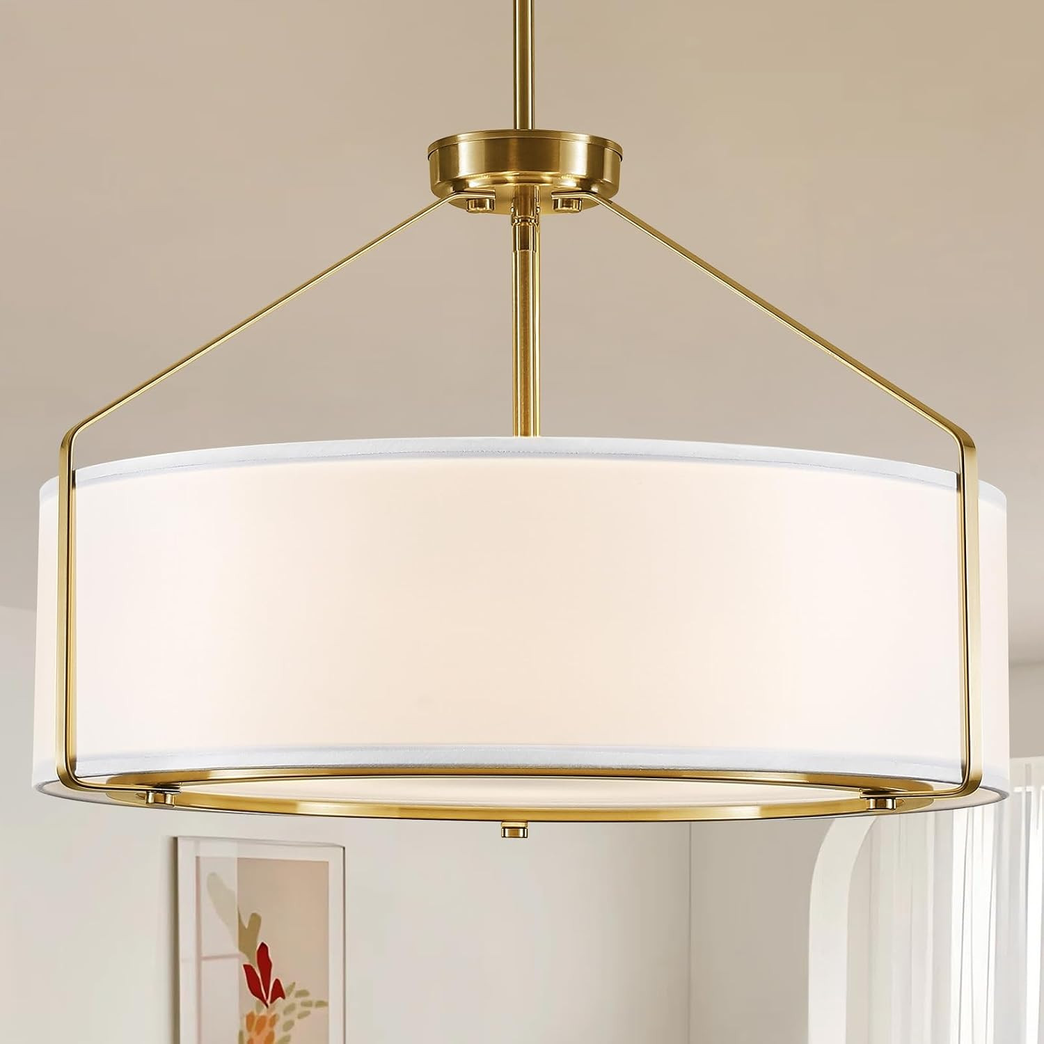 20Inch Drum Chandeliers, Gold and White Drum Chandelier with Metal and Fabric Shade, Adjustable Height, Simple Modern Large Drum Pendant Light Fixture Dining Room Bedroom Kitchen Entryway | Amazon (US)