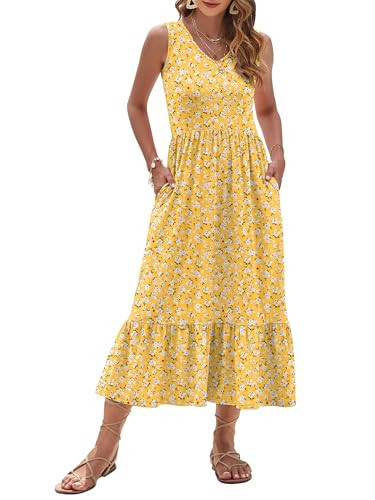 AUSELILY Womens Maxi Dress 2026 Sleeveless Summer Dresses V Neck Casual Tiered Sundresses with Pockets, Yellow Flower M | Amazon (US)