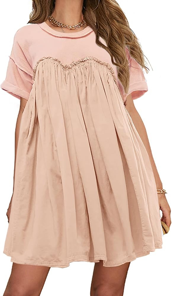 Meladyan Women Babydoll Mini Dress Pleated Tiered Crew Neck Short Sleeve Dresses Casual Solid Tun... | Amazon (US)