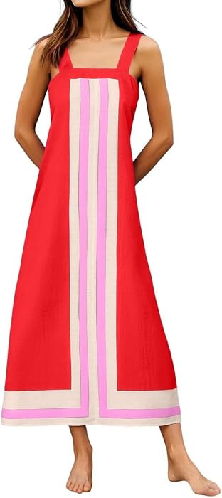 Vacation Maxi Sundress for Women 2025 Summer Trendy Sleeveless Square Neck Color Block Casual Dress Beach Clothes Resort Wear | Amazon (US)