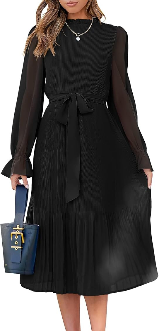 ANRABESS Women's Floral Midi Dress Puff Long Sleeve Ruffle Trim Smocked A-line Pleated Swing Chif... | Amazon (US)