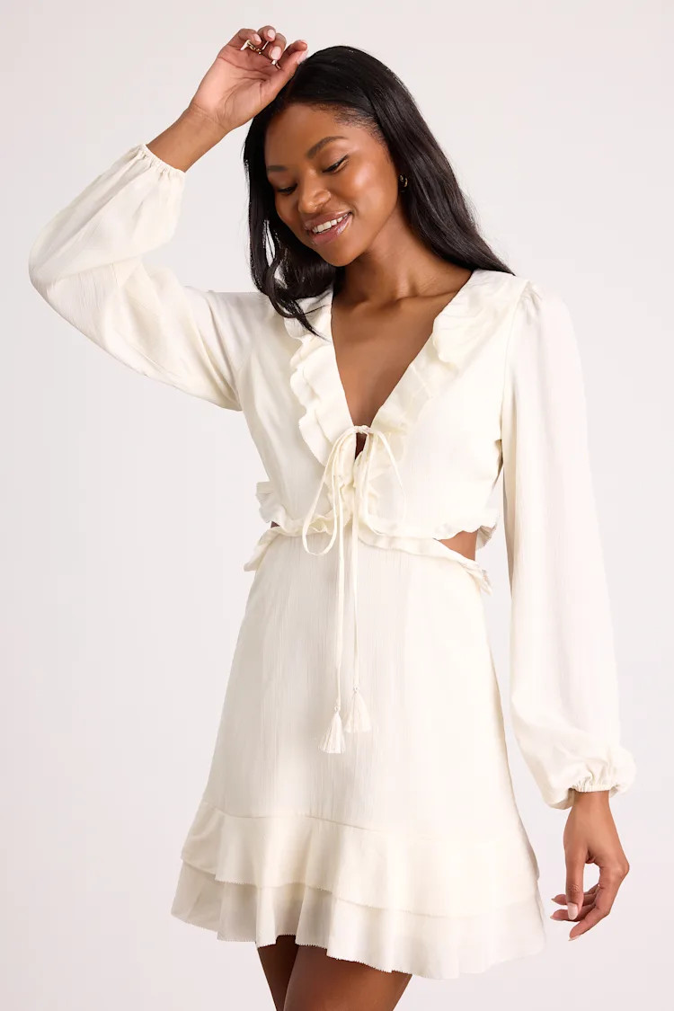 Castilla Ivory Ruffled Long Sleeve Mini Dress | Lulus