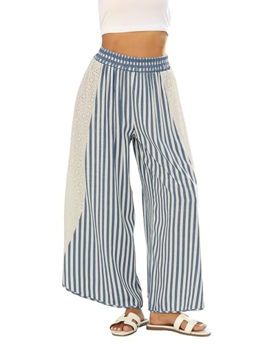Athlisan Womens Summer Casual Loose Striped Wide Leg Lounge Pants Elastic Waist Palazzo Trousers | Amazon (US)