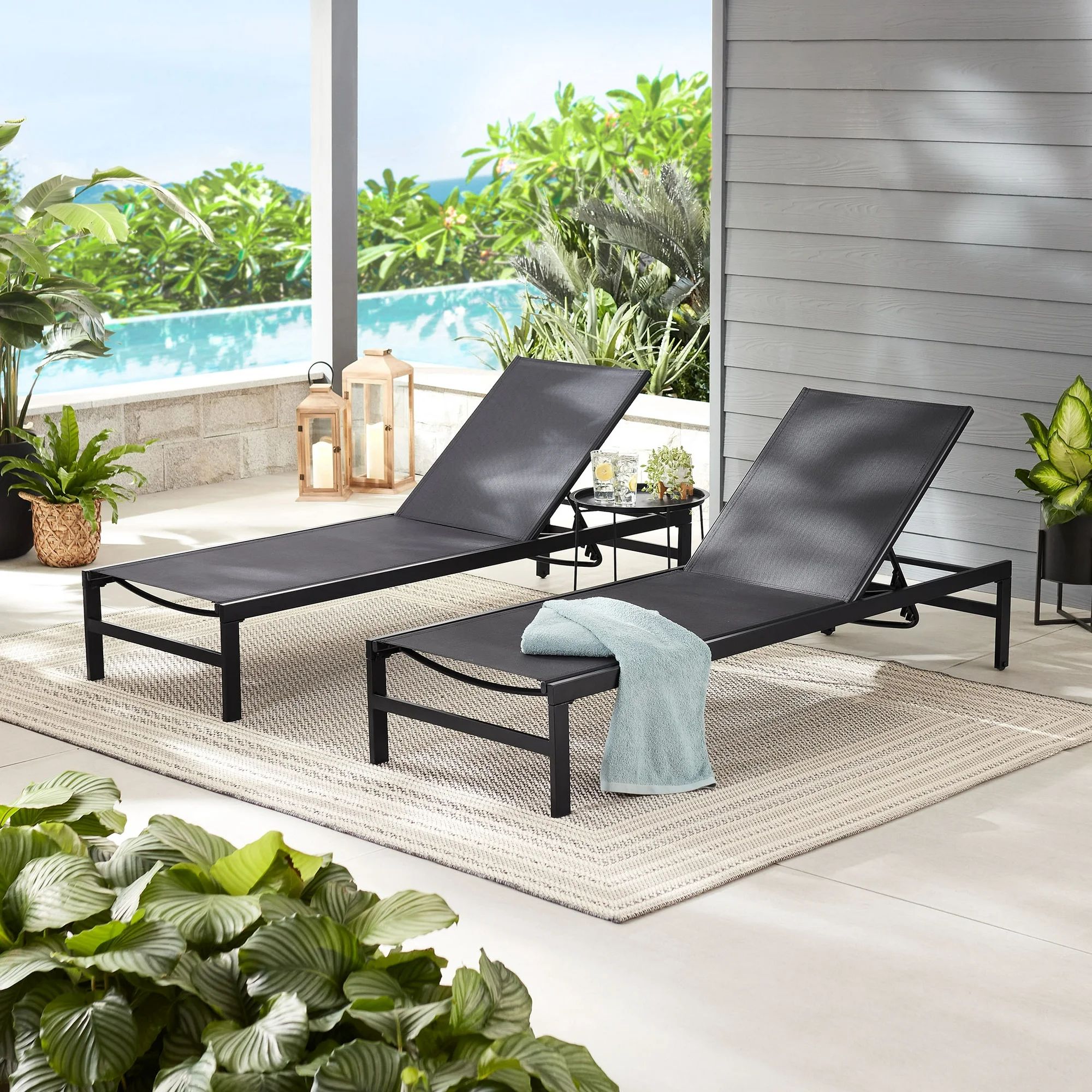 Mainstays Outdoor Sling Chaise Lounger 2-Pack, Black | Walmart (US)