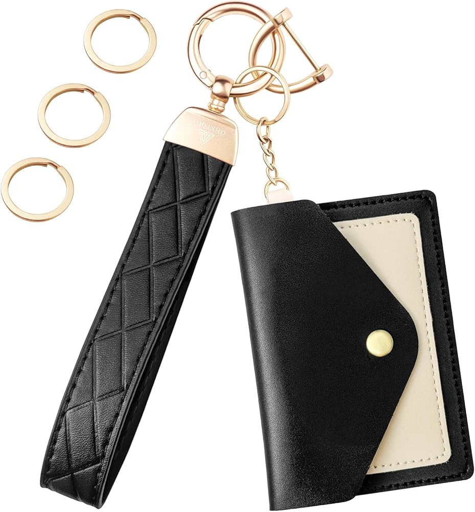 Leather Wristlet Keychain,Wallet Keychain Car Key Chain with 3 Key Ring,Anti-Lost D Ring and Mini... | Amazon (US)