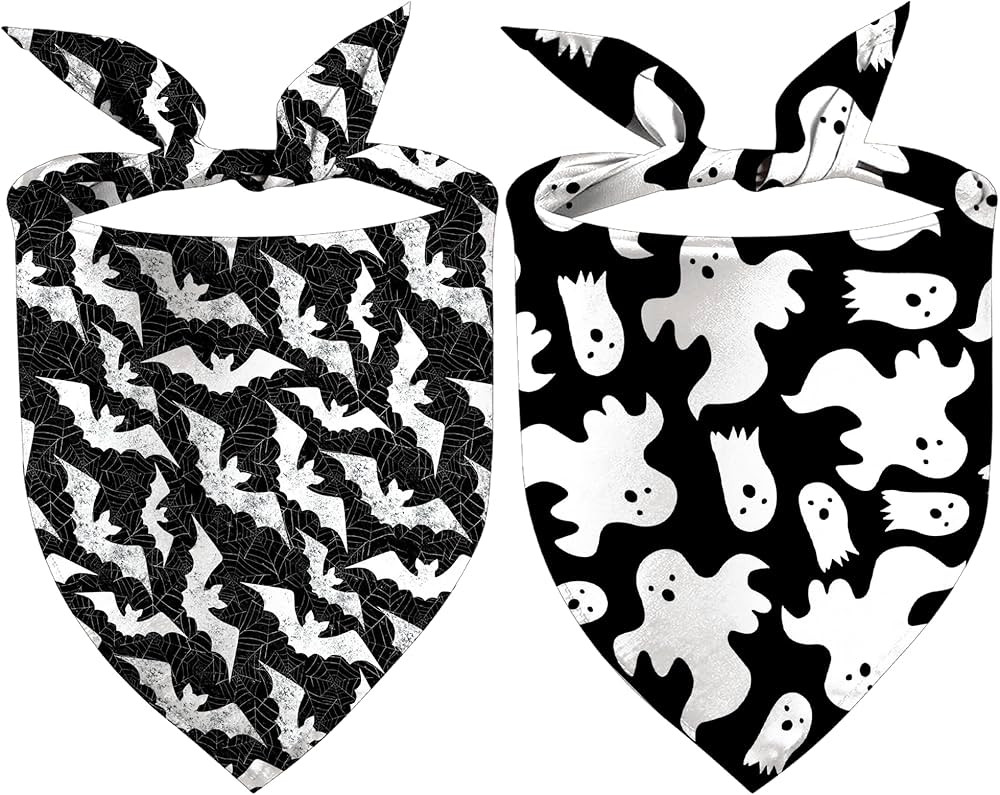 Halloween Dog Bandanas 2 Pack, Ghost Bats Black and White Print, Triangle Fall Pet Scarf, Premium... | Amazon (US)