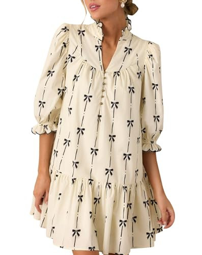 EZAPINE Women Puff Sleeve Mini Dress Mock V Neck Babydoll Short Dress with Bow Print Beige | Amazon (US)
