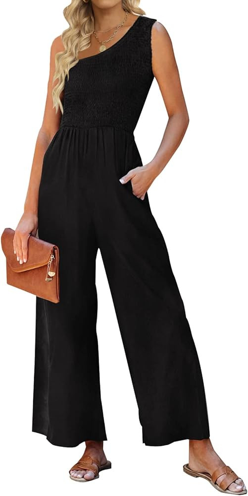ZESICA Women's Summer Casual One Shoulder Sleeveless Smocked High Waist Loose Wide Leg Jumpsuit Romp | Amazon (US)