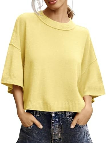 Saodimallsu Womens Short Sleeve Sweater Summer Oversized Cropped Sweaters Casual Crewneck Lightwe... | Amazon (US)