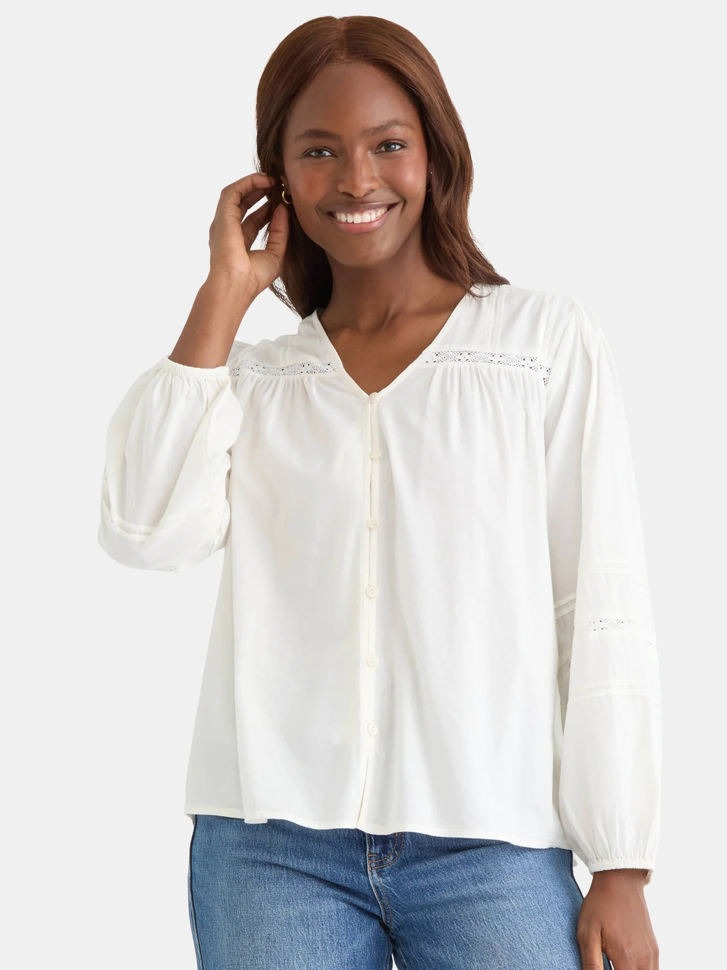 Time and Tru Women's Lace Inset Blouse with Long Sleeves, Sizes XS-XXXL | Walmart (US)