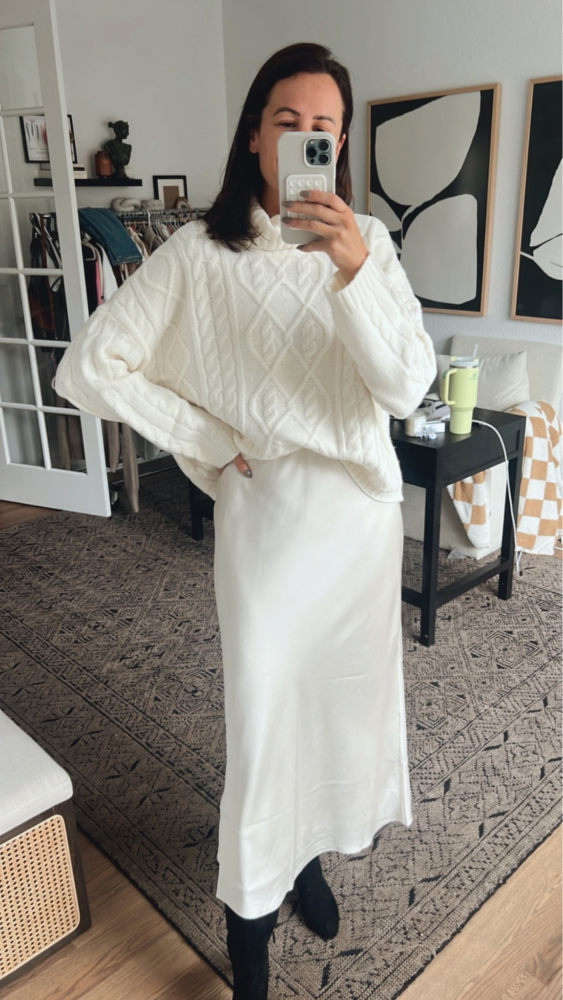 This satin midi skirt is so beautiful! Paired with the chunky cable knit sweater for a pretty monochrome look! Save 15% with code AFCHAMP! 

#LTKfindsunder50 #LTKsalealert #LTKfindsunder100