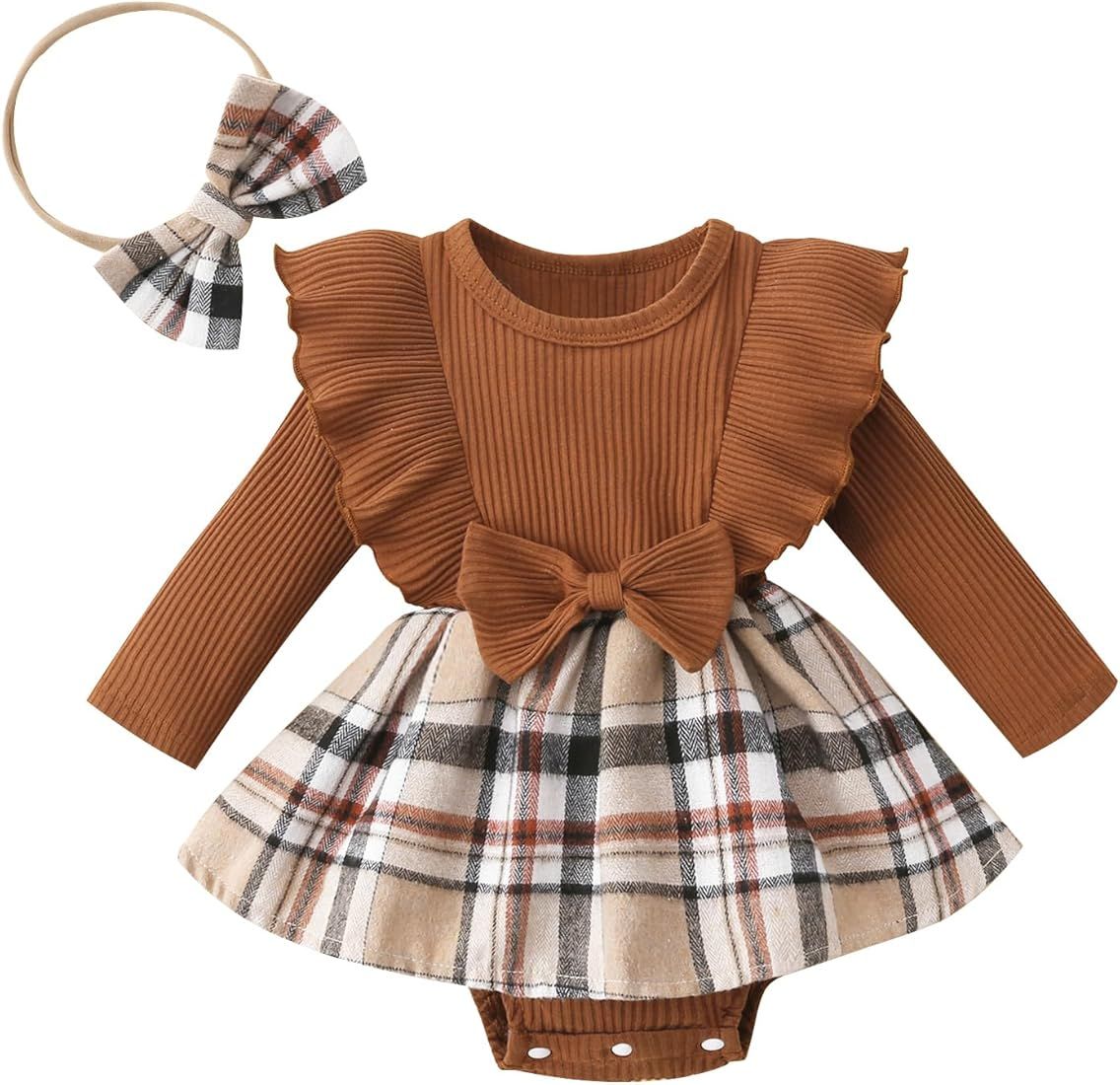 Madjtlqy Toddler Baby Girl Fall Winter Outfit Set Plaid Romper Dress Ruffles Long Sleeve Clothes ... | Amazon (US)