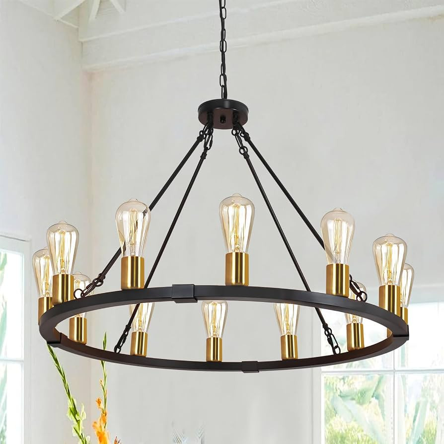 31.5“ 12 Light Wagon Wheel Chandelier Black and Gold, Farmhouse Chandelier, Rustic Dining Room ... | Amazon (US)