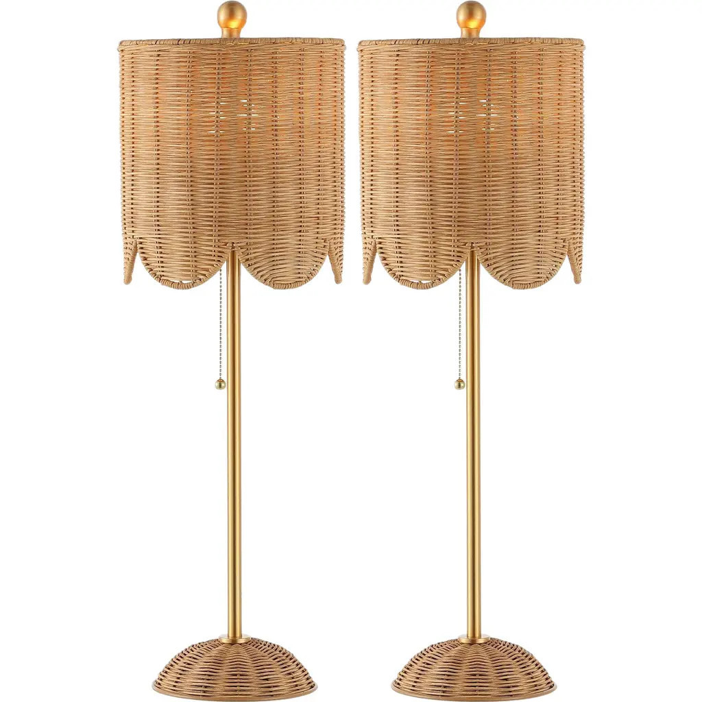 JONATHAN Y Celerie 27.5"" Coastal Bohemian Rattan/Iron Scalloped Buffet LED Table Lamp with Pull Chain in Natural/brass Gold at Nordstrom | Nordstrom