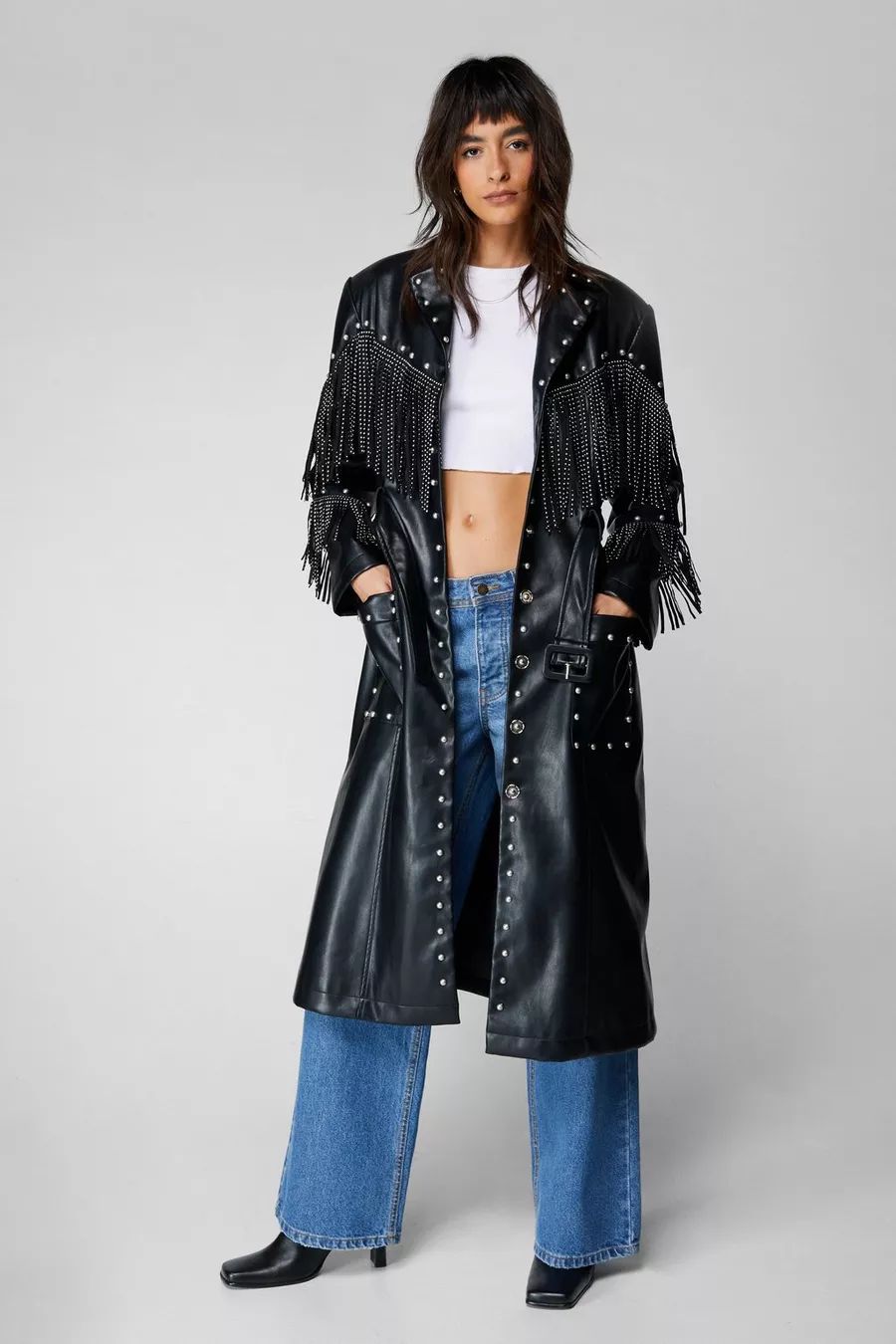 Premium Faux Leather Fringe Studded Western Trench Coat | Nasty Gal US