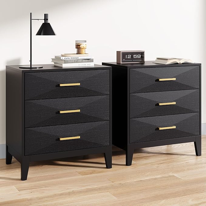 Set of 2-26" Tall Black 3 Drawer Nightstand, Modern Glam Wood Bedside Table with Gold Handles, Te... | Amazon (US)