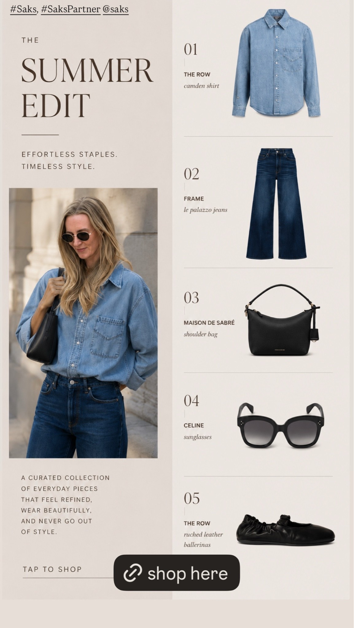 This is the kind of effortless summer outfit formula from @saks that always looks elevated. An oversized denim button down, wide leg dark wash jeans, sleek black accessories, and classic ballet flats create that timeless quiet luxury feel that never goes out of style.

The Row denim shirt is the perfect relaxed layering piece and these FRAME palazzo jeans give the look that polished long line silhouette everyone is wearing right now. Finished with Celine sunglasses and chic black accessories for an easy everyday outfit that feels minimal, refined and polished. #Saks #SaksPartner