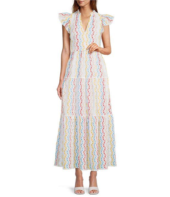 x Kimberly Whitman Kari Embroidered V-Neck Ruffle Cap Sleeve Tiered Maxi Dress | Dillard's
