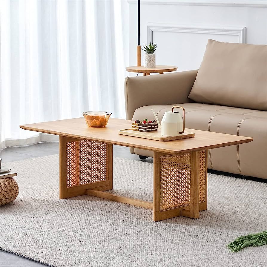 LKTART Modern Imitation Rattan Coffee Table Rectangular Solid Wood Table Top Cross Table Legs for... | Amazon (US)