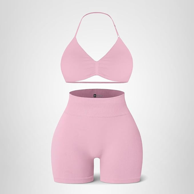 Comper 2 Piece Workout Sets for Women Halter Strappy Sports Bra with Seamless Ribbed Gym Yoga sho... | Amazon (US)