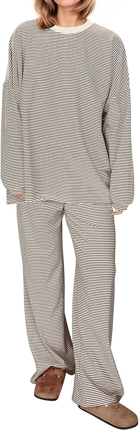 MISSACTIVER Women's 2 Piece Striped Lounge Set Long Sleeve Oversized T-Shirt Wide Leg Pants Match... | Amazon (US)