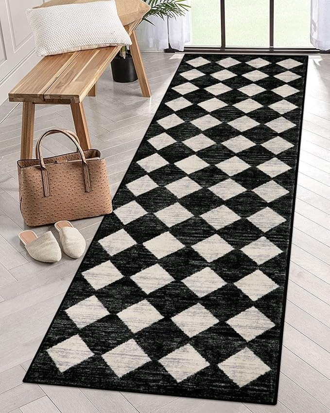 Lahome Moroccan Trellis Runner Rug - 2x8 Black Hallway Runner Rug with Rubber Backing, Checkered ... | Amazon (US)