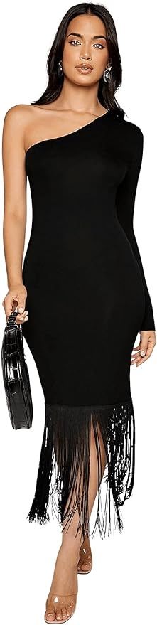 Verdusa Women's One Shoulder Fringe Hem Bodycon Pencil Long Dress | Amazon (US)