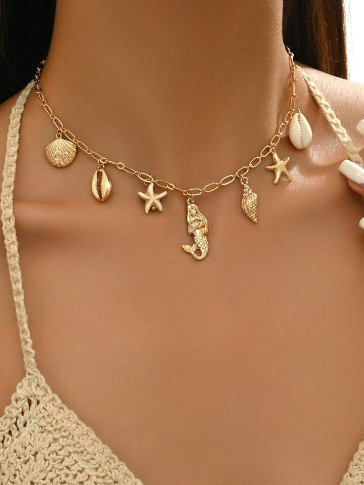 1pc Fashionable Seashell, Starfish & Mermaid Multiple Pendants Collar Necklace, Beach Vacation St... | SHEIN