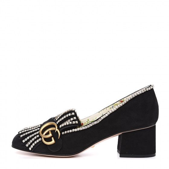 GUCCI Kid Scamosciato Crystal GG Marmont Fringe Loafer Pumps 36.5 Black | Fashionphile