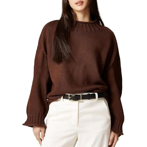 SeeLuNa Women Oversized Sweater Roll Neck Striped Knit Pullover Casual Tops | Amazon (US)
