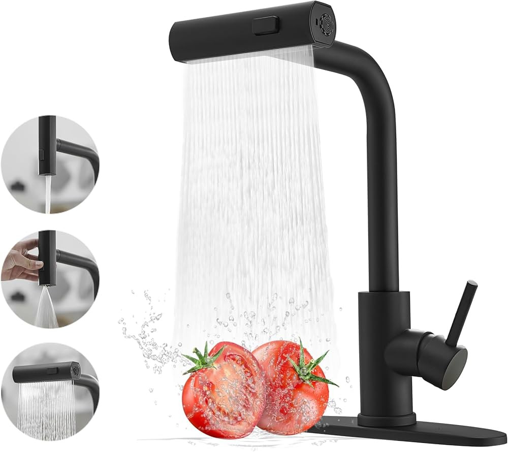 Black Kitchen Faucets with Pull Down Sprayer,Waterfall Kitchen Sink Faucet,Commercial Utility Sta... | Amazon (US)