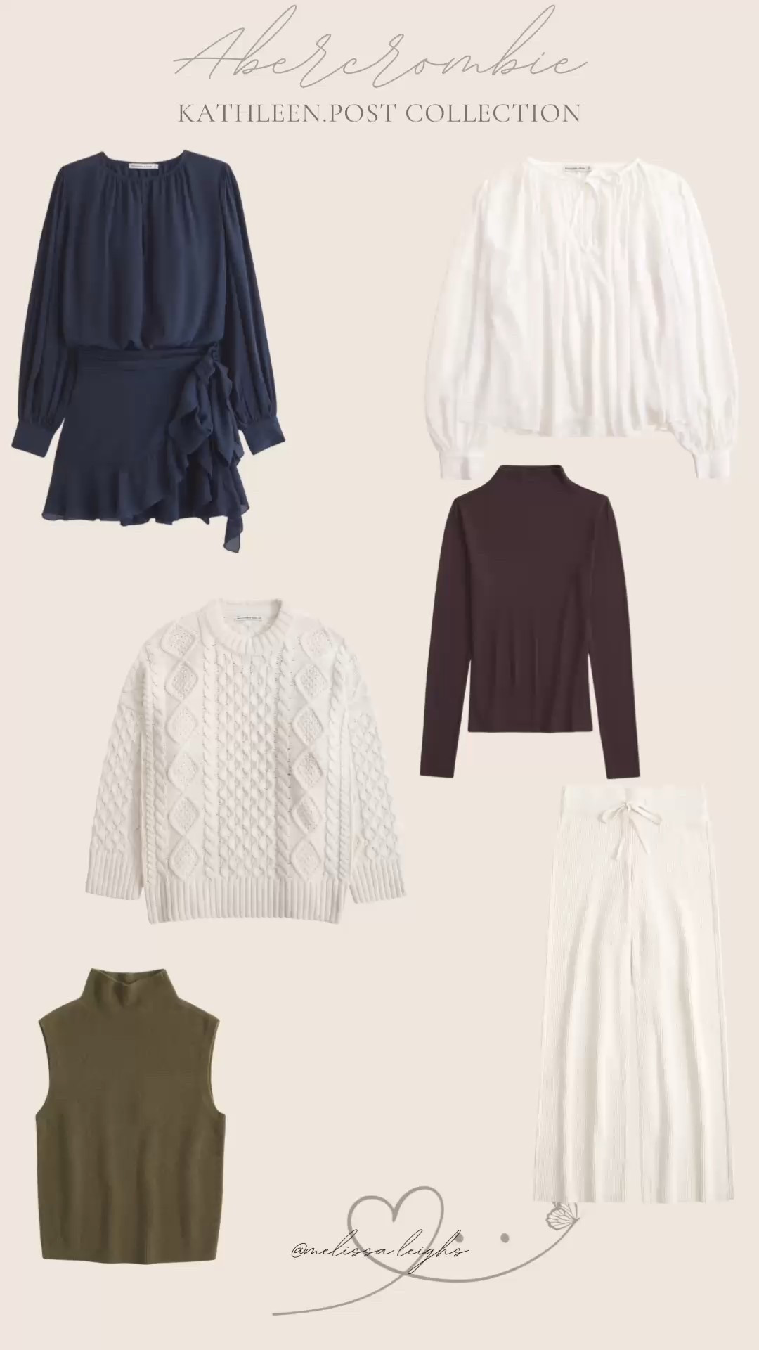 Abercrombie x Kathleen post collection - up to 40% off this weekend. Tons of fall classic items in this collection to wear for years to come - mockneck long sleeve shirt, cable knit sweater, mock neck sleeveless sweater, ribbed sweatpants, wrap dress, white loose peasant blouse 

Classic style, timeless style, affordable outfit, Abercrombie finds, casual outfit, effortless outfits every day outfit, cozy season, sweater weather  

#LTKFindsUnder100 #LTKSeasonal #LTKMidsize
