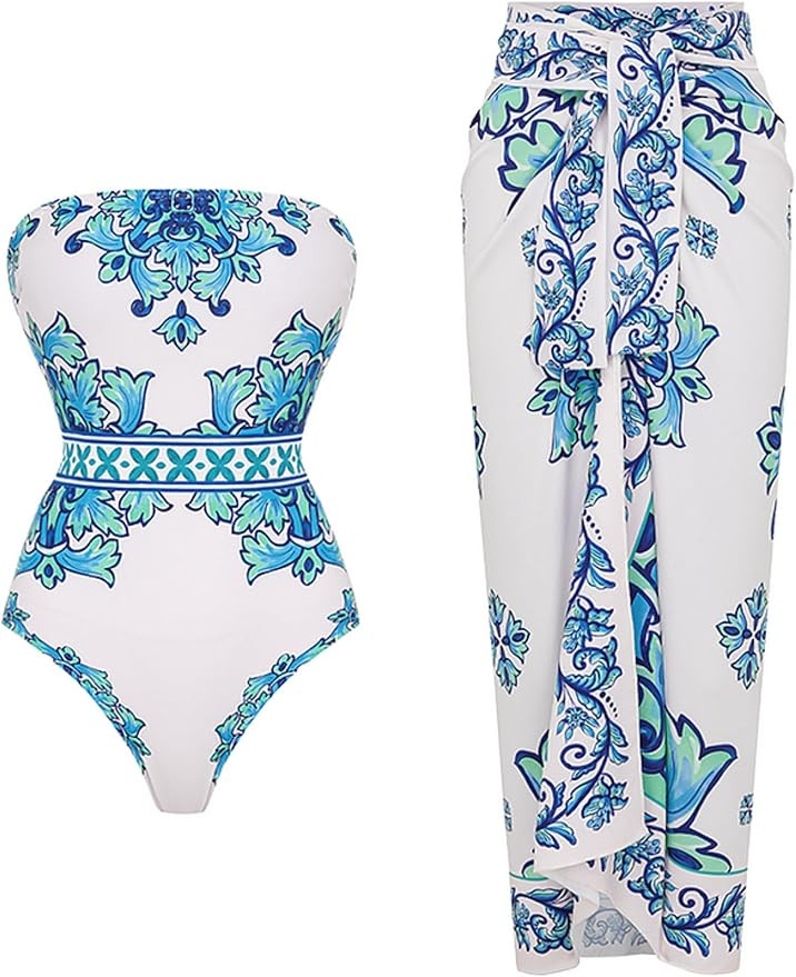 FLAXMAKER Strapless Swimsuit Lace Up Adjustable Animal Botanical Print Swimsuit and Skirt/Sarong | Amazon (US)