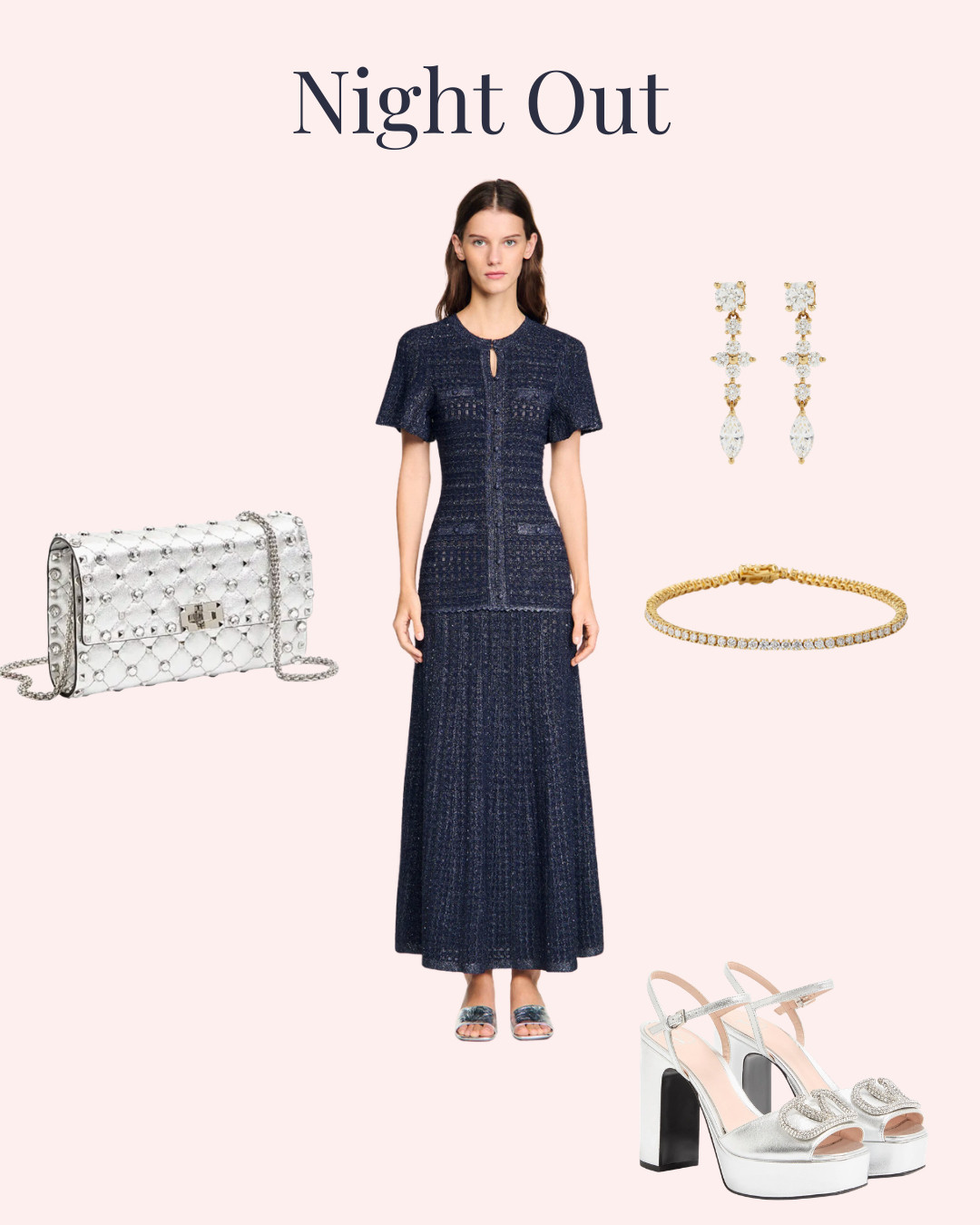 Spring/Summer going out outfit! Lightweight knit dress is perfect to throw in a suitcase & silver accessories bring out the details in the dress. 

 #LTKootd #LTKSeasonal #LTKTravel
