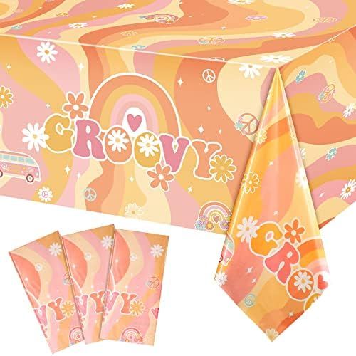 3 Pieces Plastic Groovy Tablecloths Retro Hippie Table Covers for Rectangle Table, Disposable Rainbo | Amazon (US)