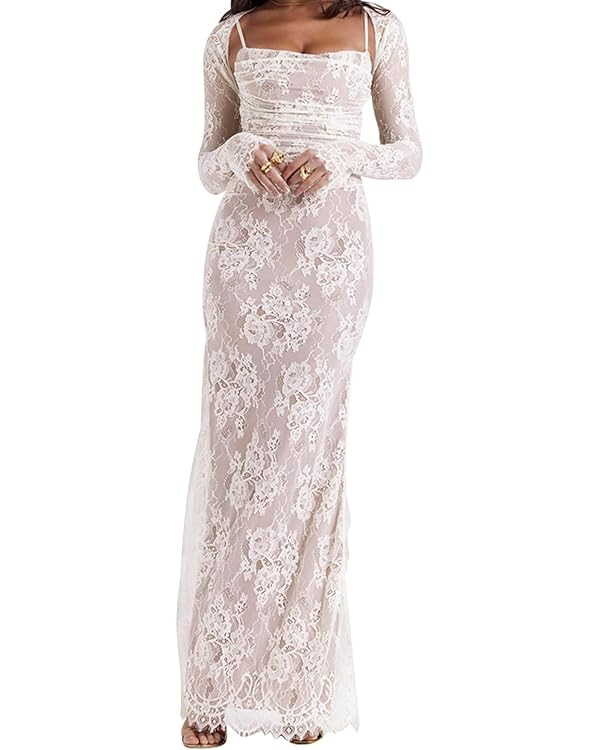Women Vintage Cream Lace Maxi Dress Romantic Long Sleevees Lace Bodycon Dress | Amazon (US)