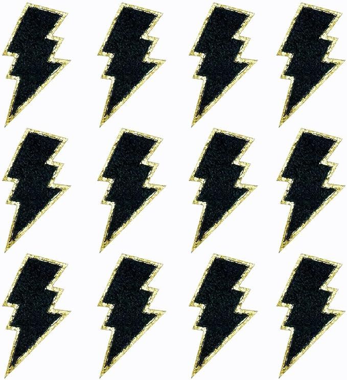 SaktopDeco 12 PCS Black Lightning Patch Gold Edges Lightning Bolt Patch Chenille Iron On Patch Se... | Amazon (US)