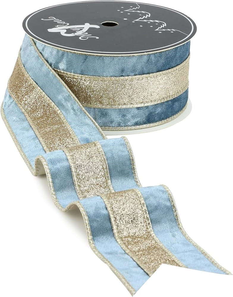 MAYREEL Dusty Blue Crushed Velvet Wired Ribbon 2.5 Inch Christmas Ribbon with Champagne Gold Glit... | Amazon (US)