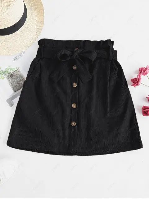 Button Fly Corduroy Belted Paperbag Skirt | ZAFUL (Global)