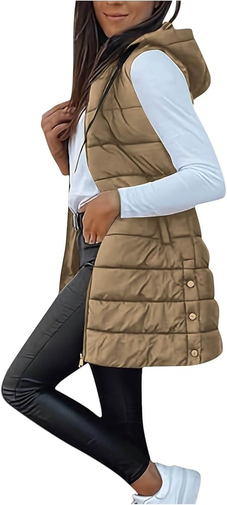 Womens Long Winter Vests Outerwear Quilted Puffer Jackets with Hood Stand Collar Cold Weather Coa... | Amazon (US)