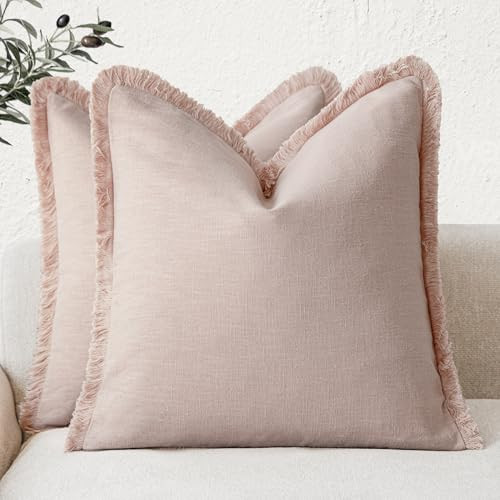 Foindtower Set of 2 Decorative Linen Fringe Throw Pillow Covers Boho Farmhouse Cushion Cover with Tassels Soft Accent Pillowcase for Couch Chair Sofa Bed Living Room Home Decor,22×22 Inch,Light Pink | Amazon (UK)