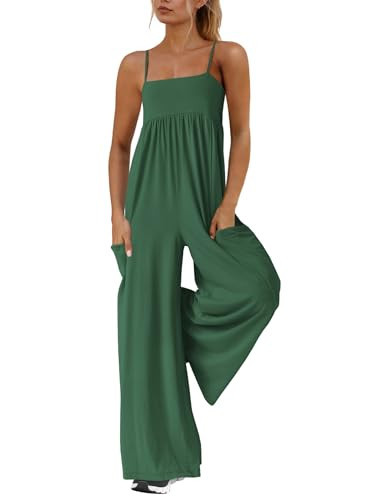 Yanekop Womens Overalls Loose Fit One Piece Jumpsuits Wide Leg Jumpsuits Spaghetti Strap Summer Jumpsuit with Pockets(Dark Green,M) | Amazon (US)