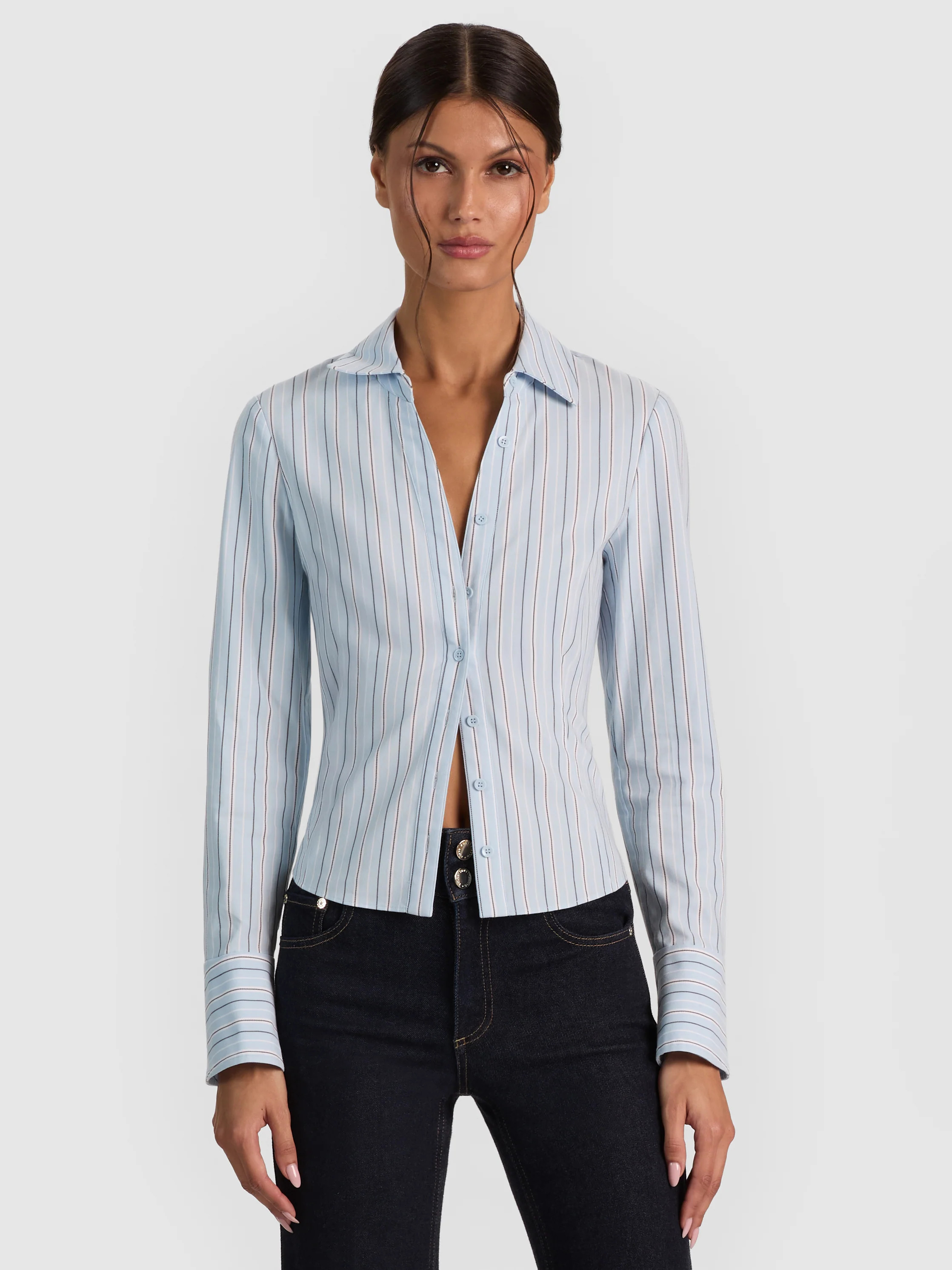 FREYA BUTTON DOWN TOP - CAROLINA BLUE MULTI | Alice + Olivia
