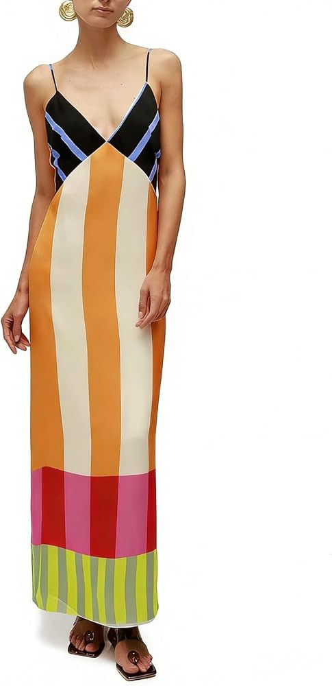 Women's Color Block Striped Sleeveless Maxi Dress, Spaghetti Strap V Neck Summer Long Dresses for... | Amazon (US)