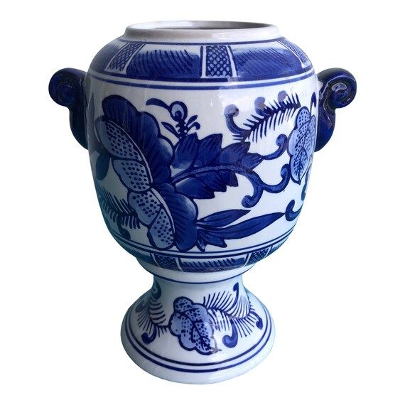 1980s Chinoiserie Blue and White Floral Porcelain Pedestal Vase | Etsy (US)