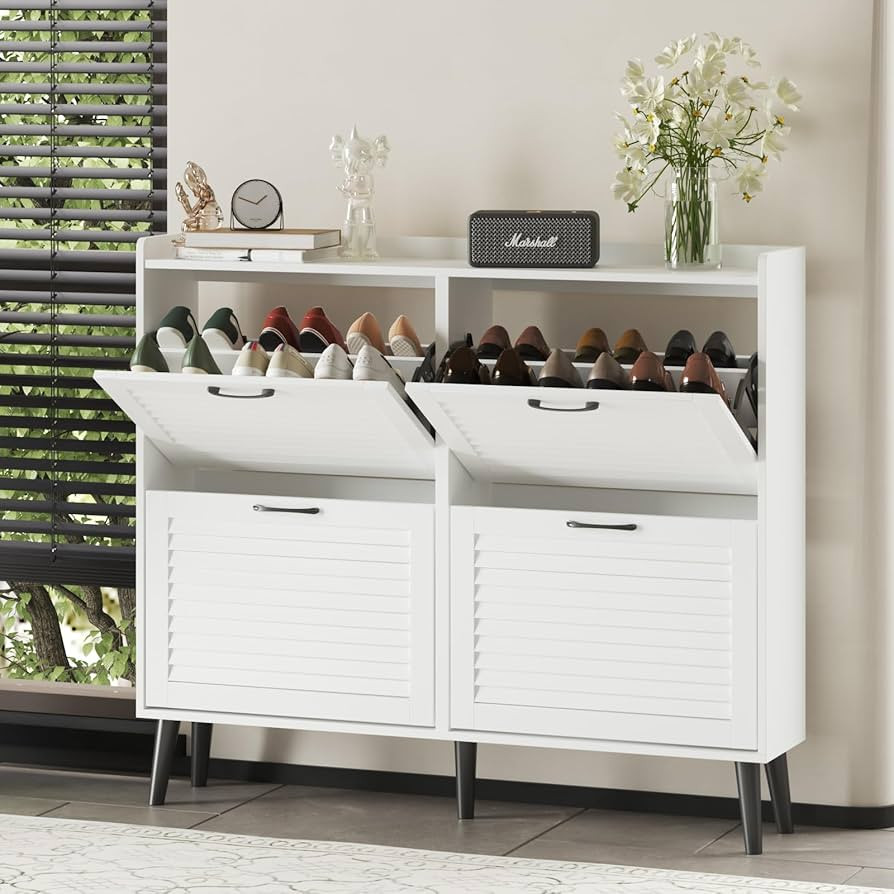 Maupvit White Shoe Cabinet with 4 Flip Doors, Narrow Shoe Storage Organizer for Entryway Holds 40... | Amazon (US)