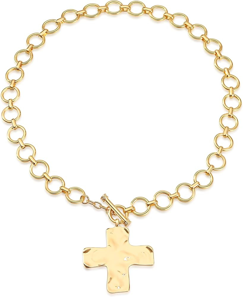 MQV Chunky Statement Gold Hammered Bold Cross Necklace Thick Chain Vintage Chain Pendant Jewelry | Amazon (US)