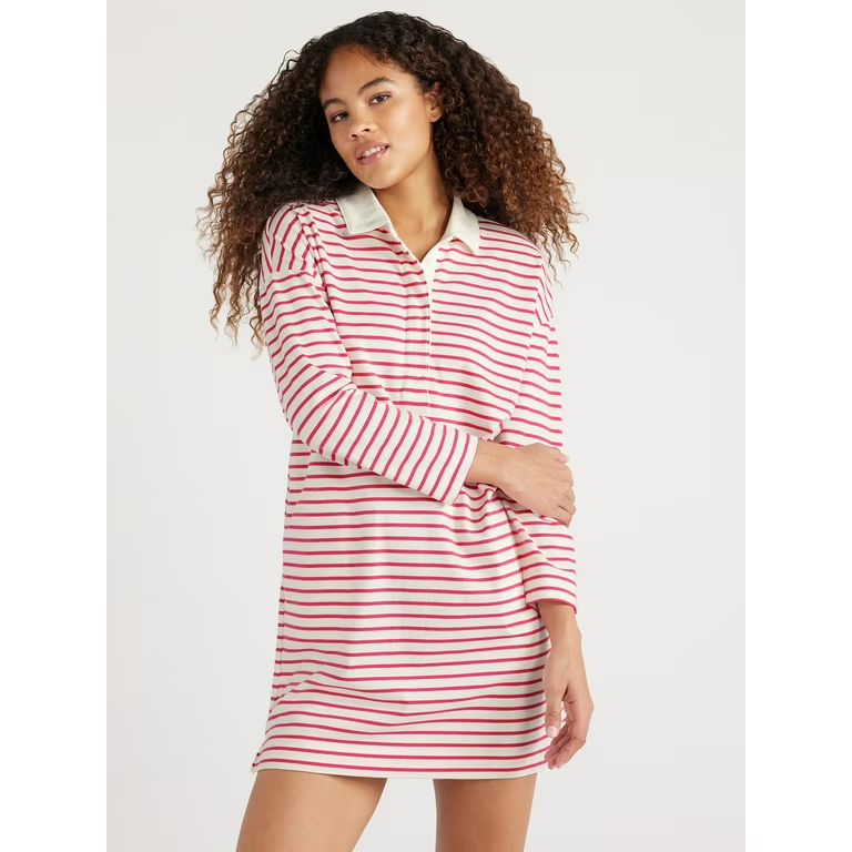 Free Assembly Women’s Striped Polo Mini Dress with Long Sleeves, Sizes XS-XXL | Walmart (US)