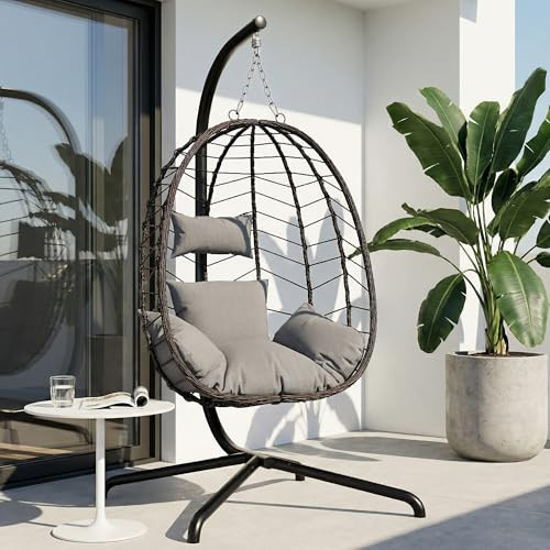 LEX CRAFT Hanging Egg Chair with Stand, Swinging Egg Chair Outdoor Indoor, Hanging Basket Chair with Cushion, Patio Wicker Hammock Chair 350lbs Capacity for Porch, Balcony, Backyard, Garden (Grey1) | Amazon (US)