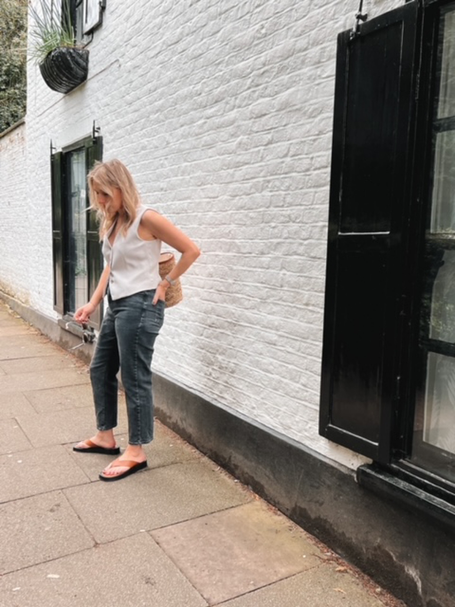 Waistcoat, linen waistcoat, linen top, straight jeans, washed black jeans, black jeans, slim straight jeans, leather flip flops, flip flops, Alohas, River Island, M&S, Asos, River Island, COS

#LTKeurope #LTKSeasonal #LTKstyletip